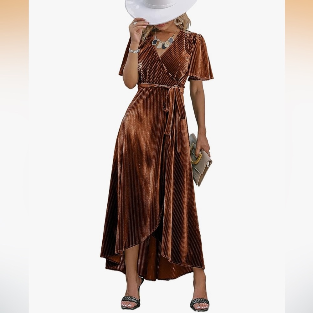Velvet Ribbed Wrap Dress - Deep Burnt Orange